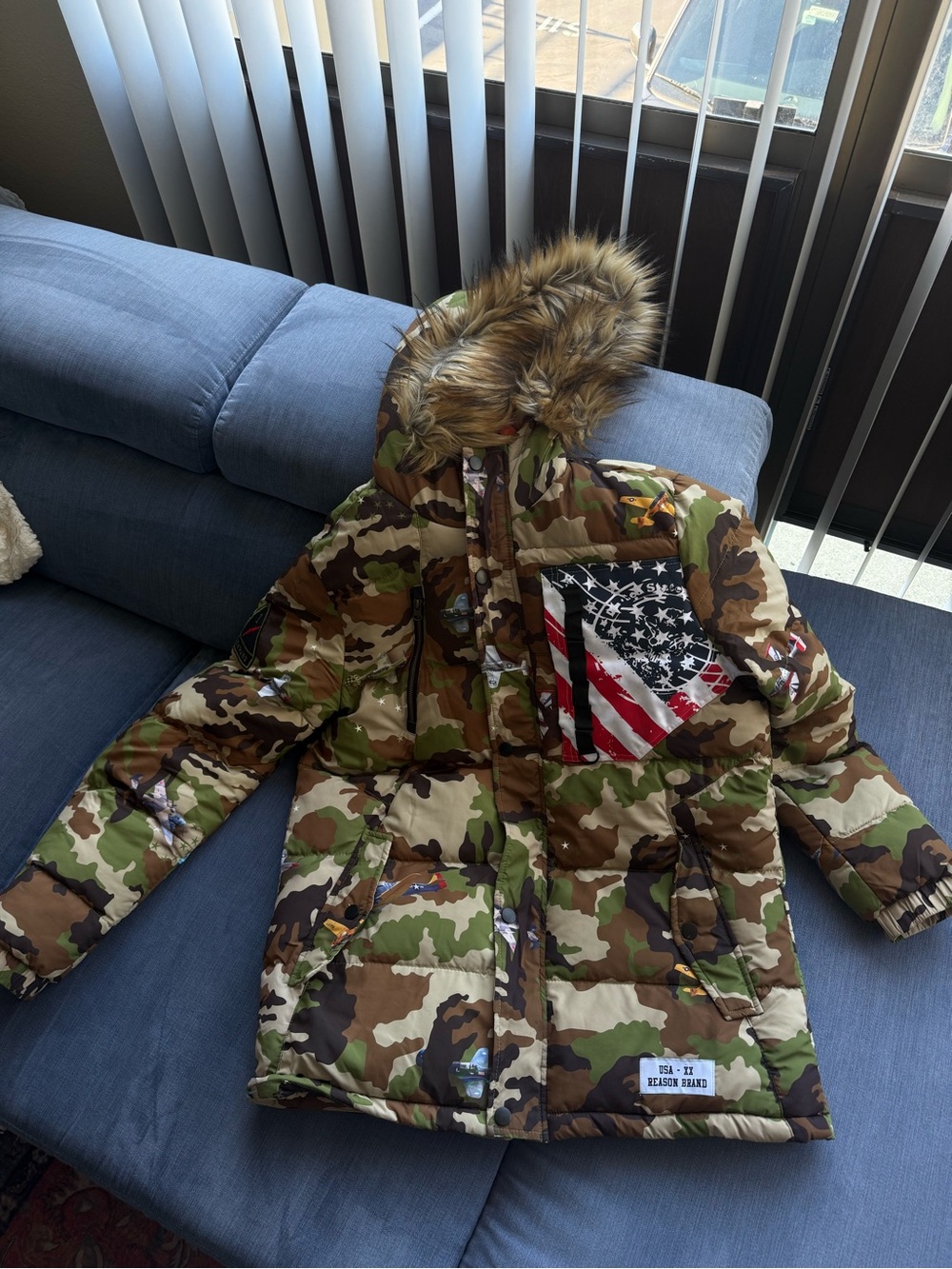 Reason Orange Lined Camouflage Puffer Jacket with Faux Fur Hood